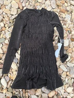 Shimmery Black Long Sleeve Ruffle Dress